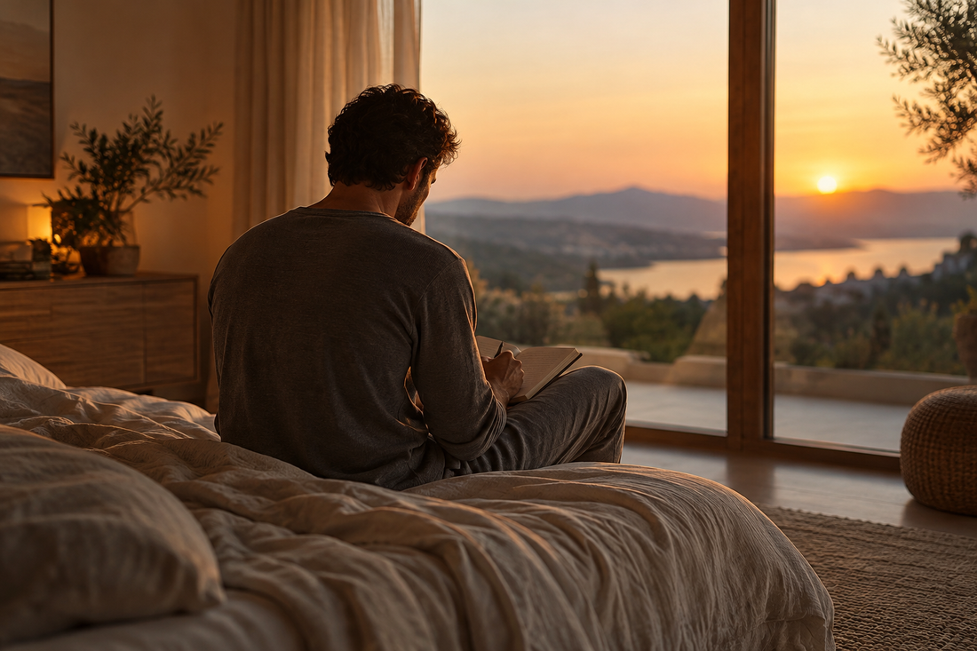 Personne assise au bord de son lit qui note ses pensées dans un carnet, face à un coucher de soleil, dans une chambre aux tons chauds